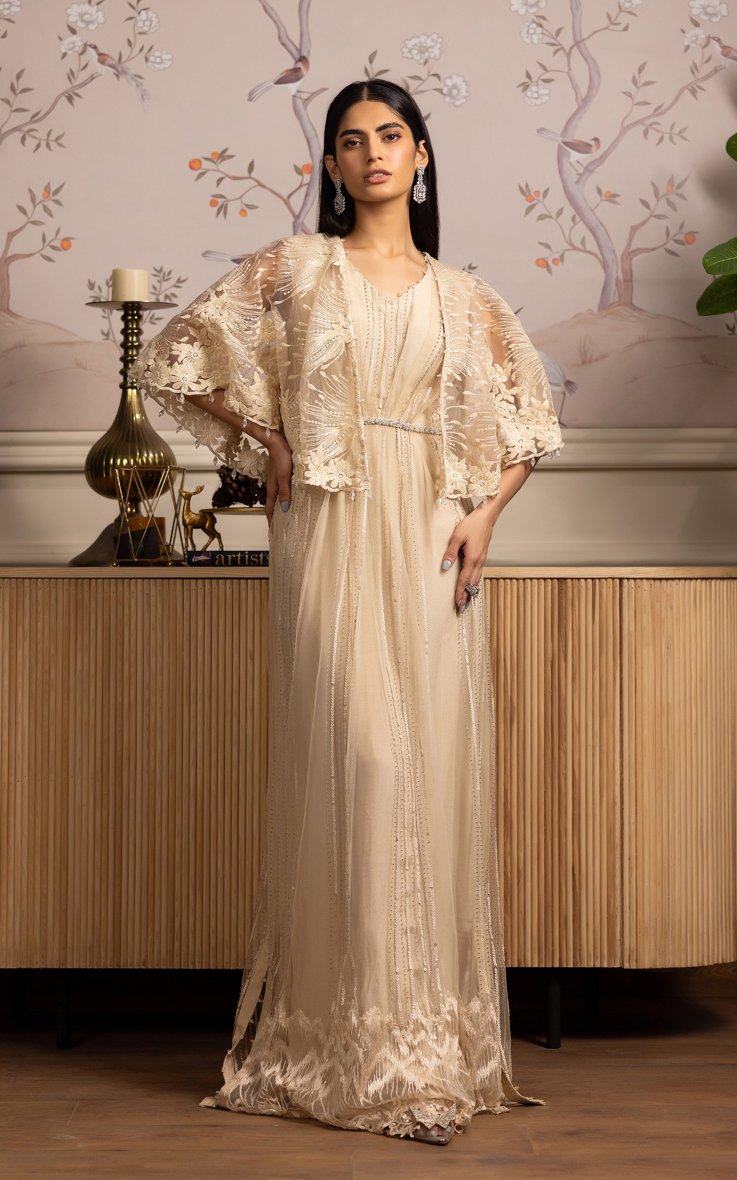 Pakistani Champagne Embroidered Net Cape Dress (2-Piece) - Image 1