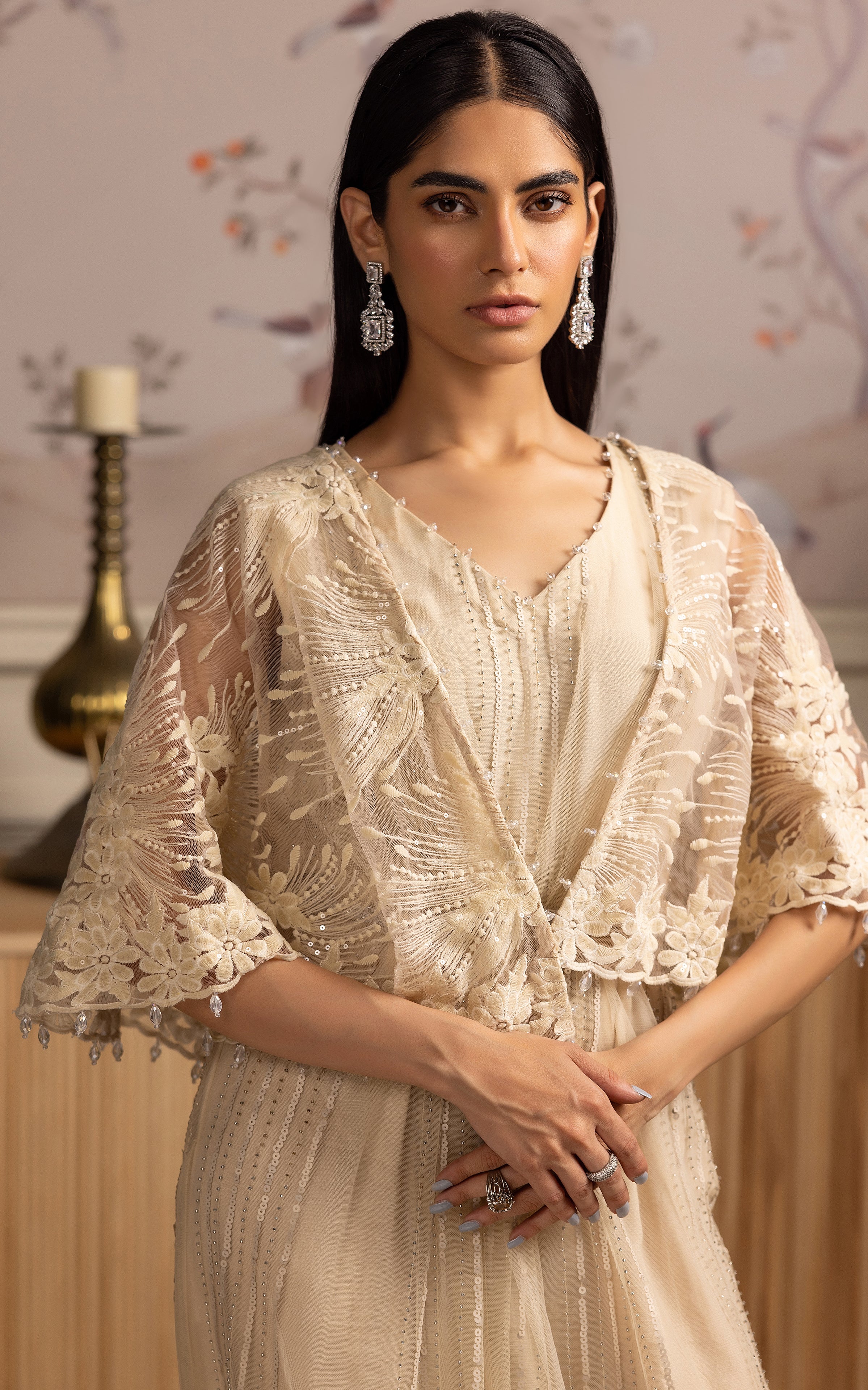 Pakistani Champagne Embroidered Net Cape Dress (2-Piece) - Image 2