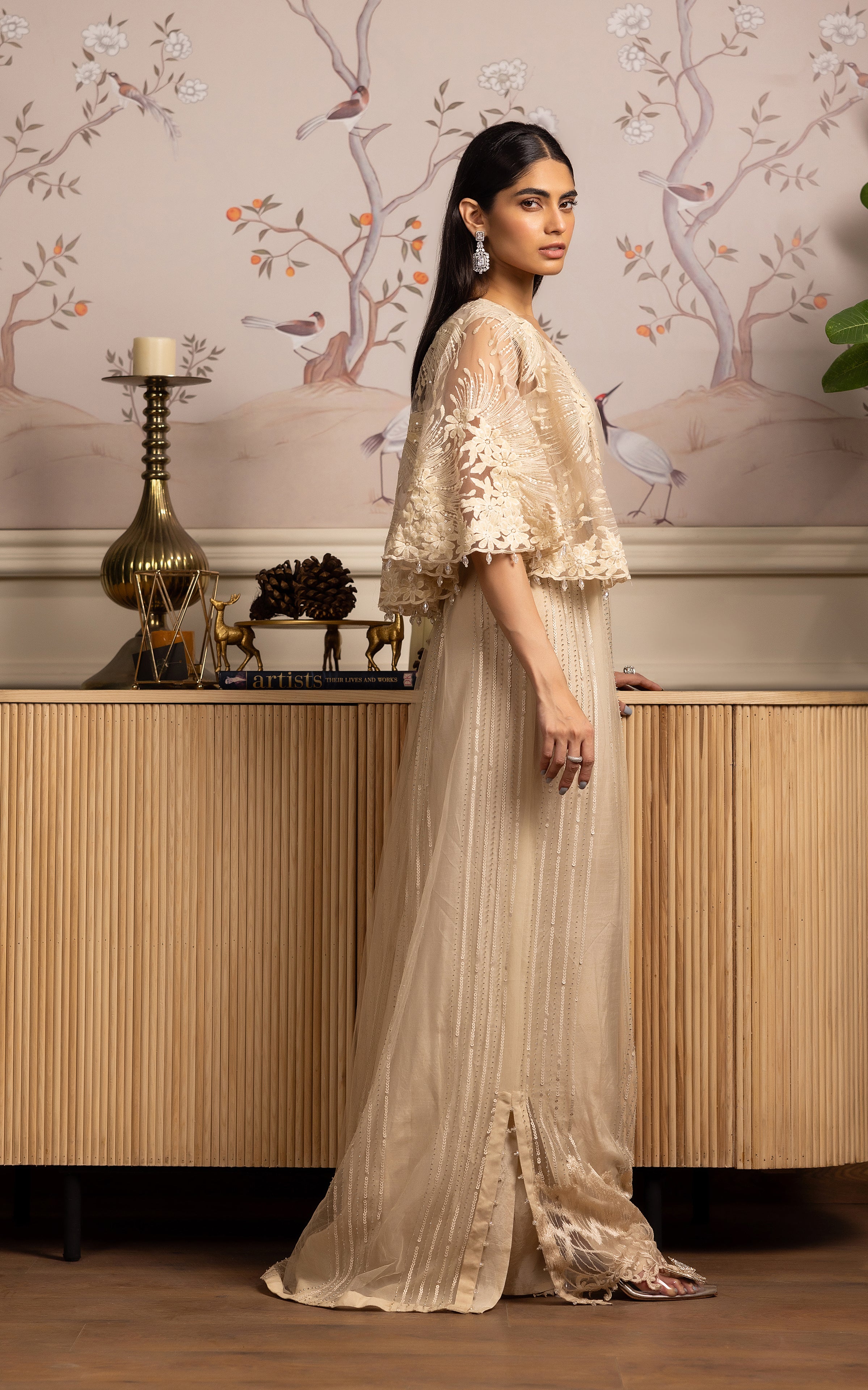 Pakistani Champagne Embroidered Net Cape Dress (2-Piece) - Image 4