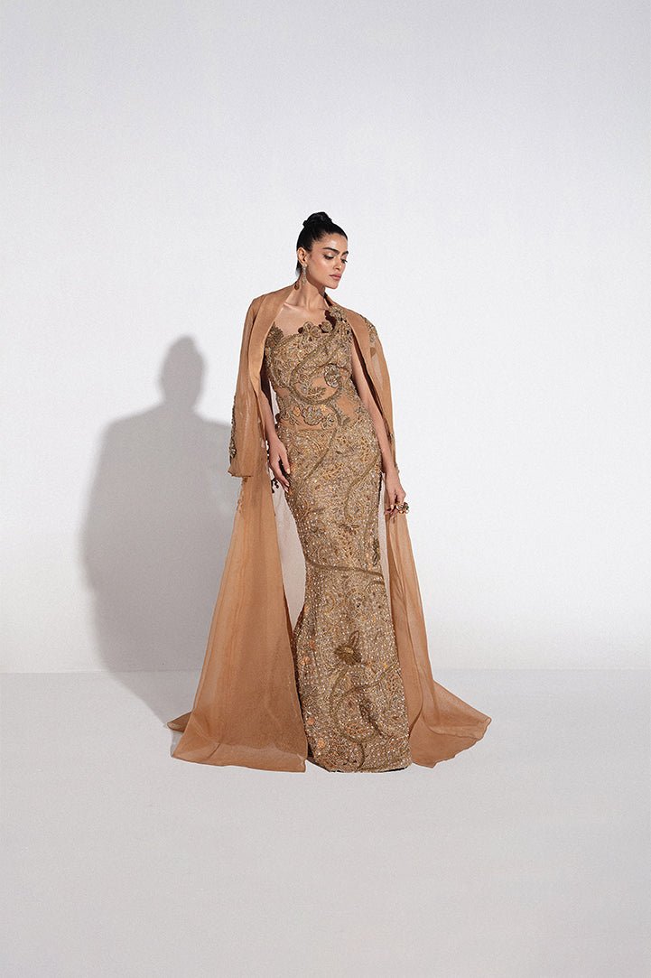 Pakistani Coffee Gold Hand Embellished Net Gown (2-Piece) - Image 1