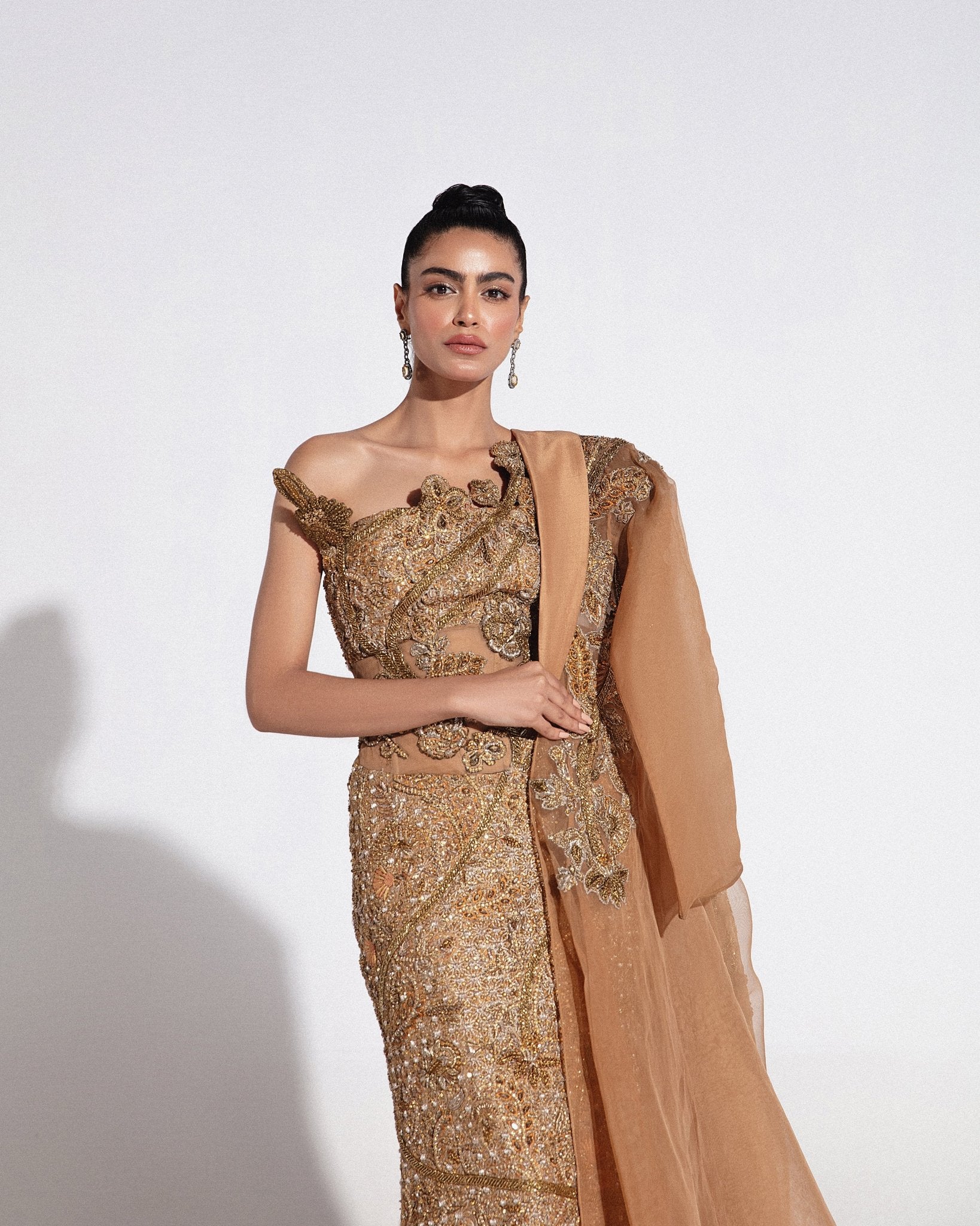 Pakistani Coffee Gold Hand Embellished Net Gown (2-Piece) - Image 3