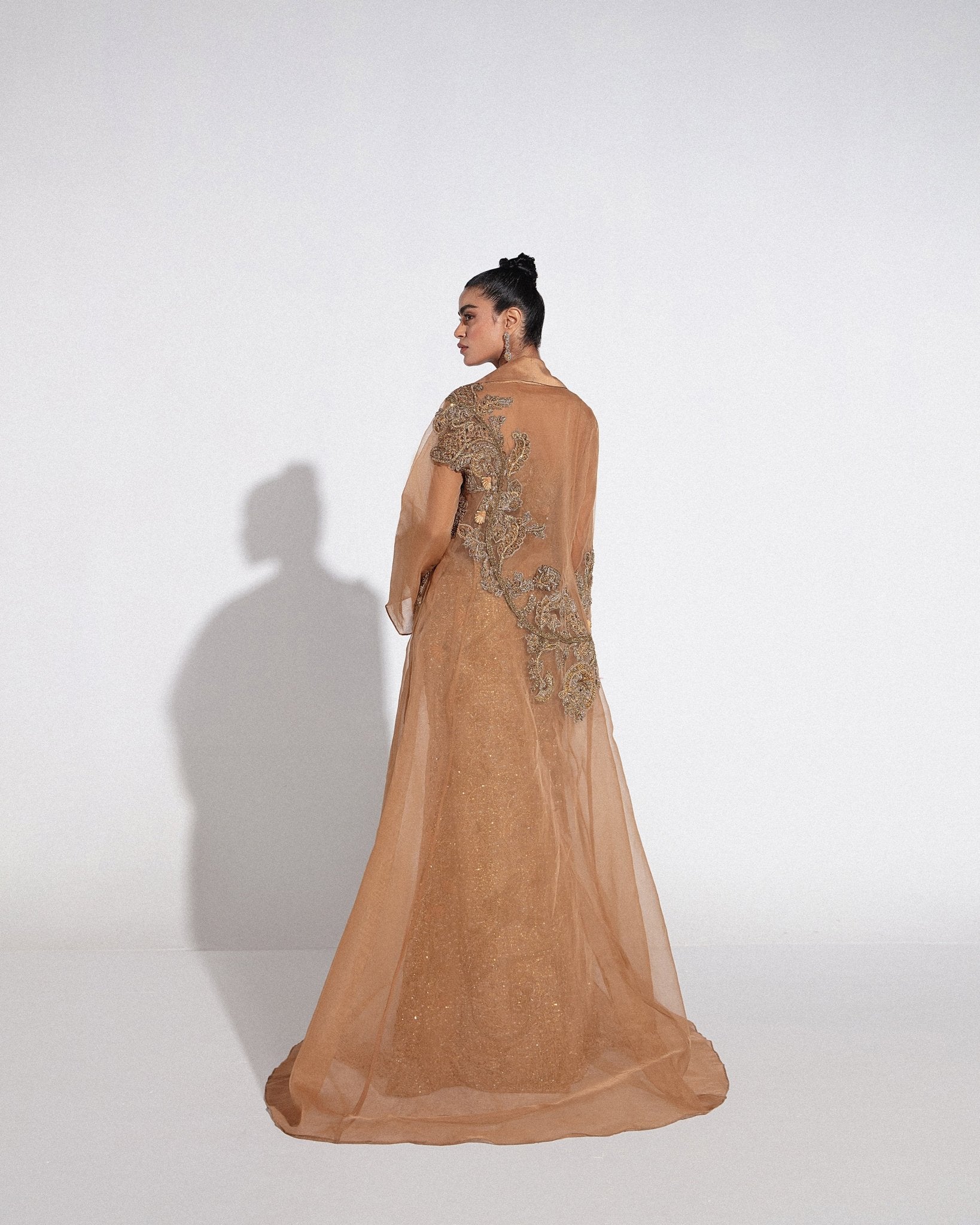 Pakistani Coffee Gold Hand Embellished Net Gown (2-Piece) - Image 4