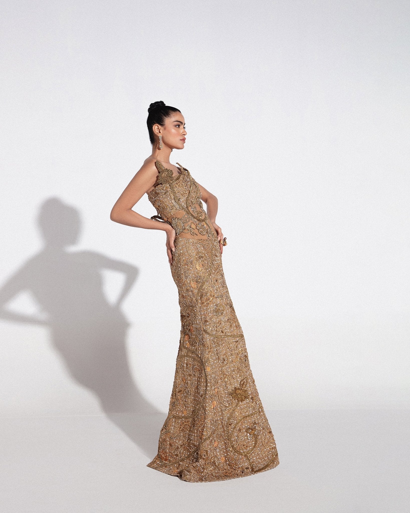 Pakistani Coffee Gold Hand Embellished Net Gown (2-Piece) - Image 5