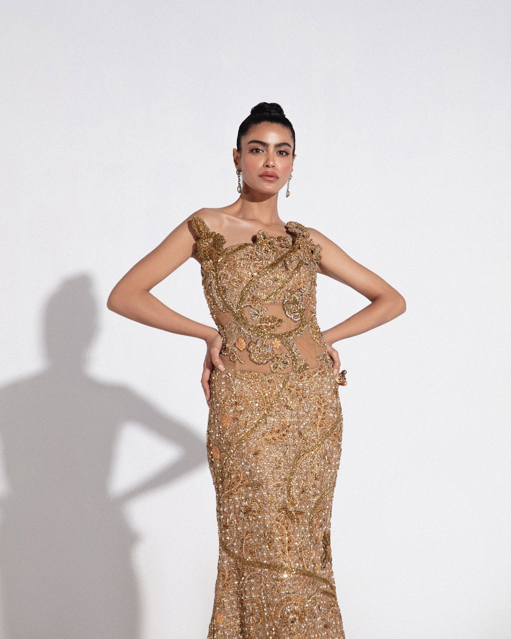 Pakistani Coffee Gold Hand Embellished Net Gown (2-Piece) - Image 6