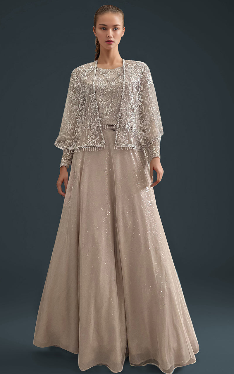 Pakistani Champagne Embroidered Net Cape Dress (3-Piece) - Image 1