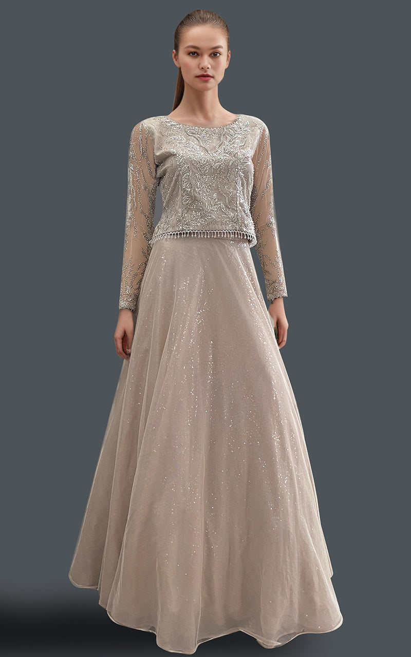 Pakistani Champagne Embroidered Net Cape Dress (3-Piece) - Image 3