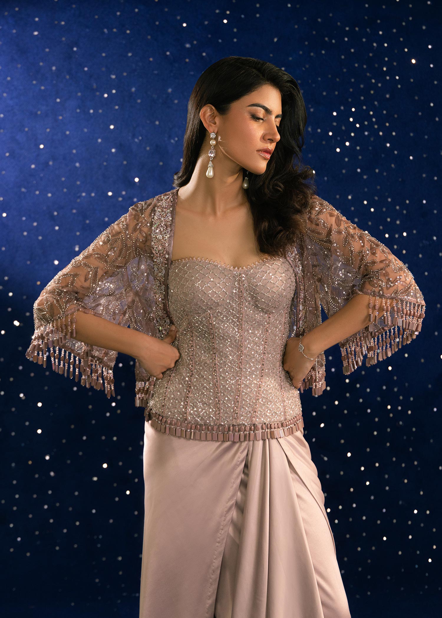 Champagne Embellished Net Corset & Silk Skirt (2-Piece) - Image 3