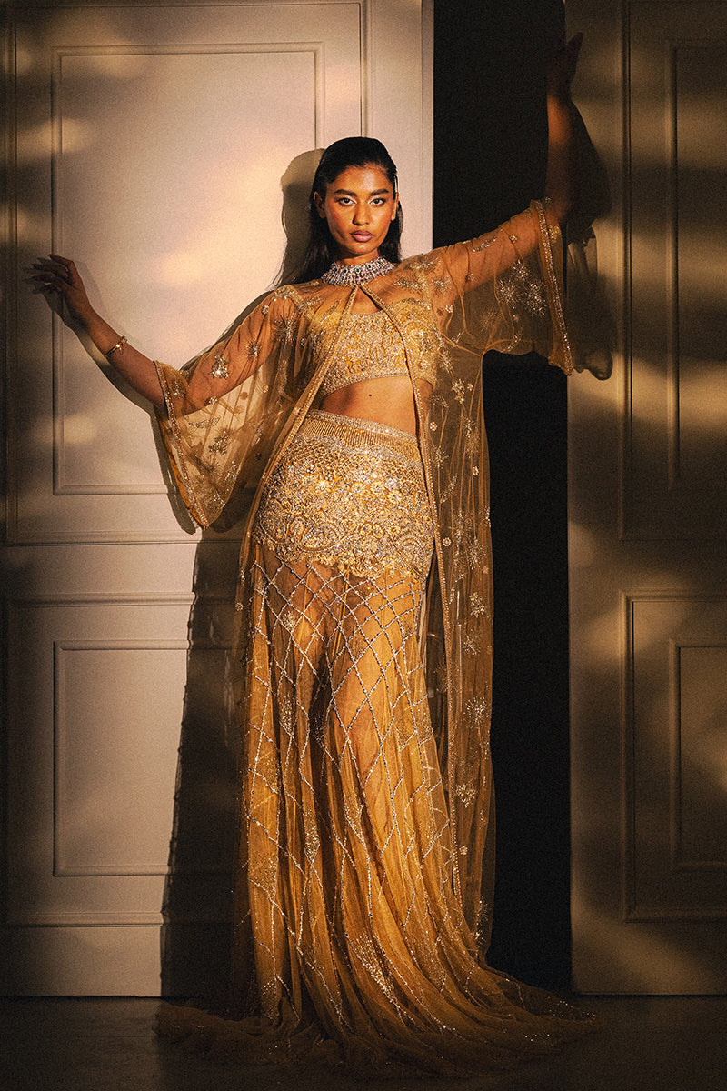 Pakistani Gold Embellished Net Cape Dress (3-Piece) - Image 1