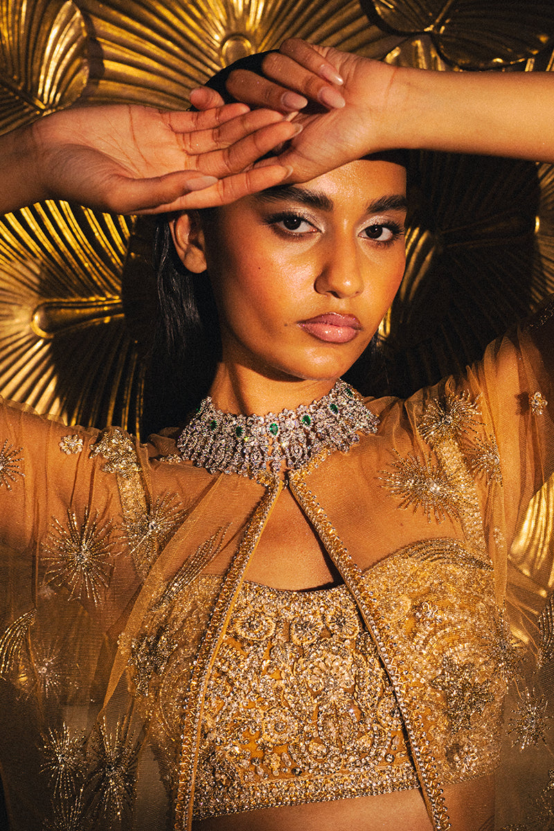 Pakistani Gold Embellished Net Cape Dress (3-Piece) - Image 7