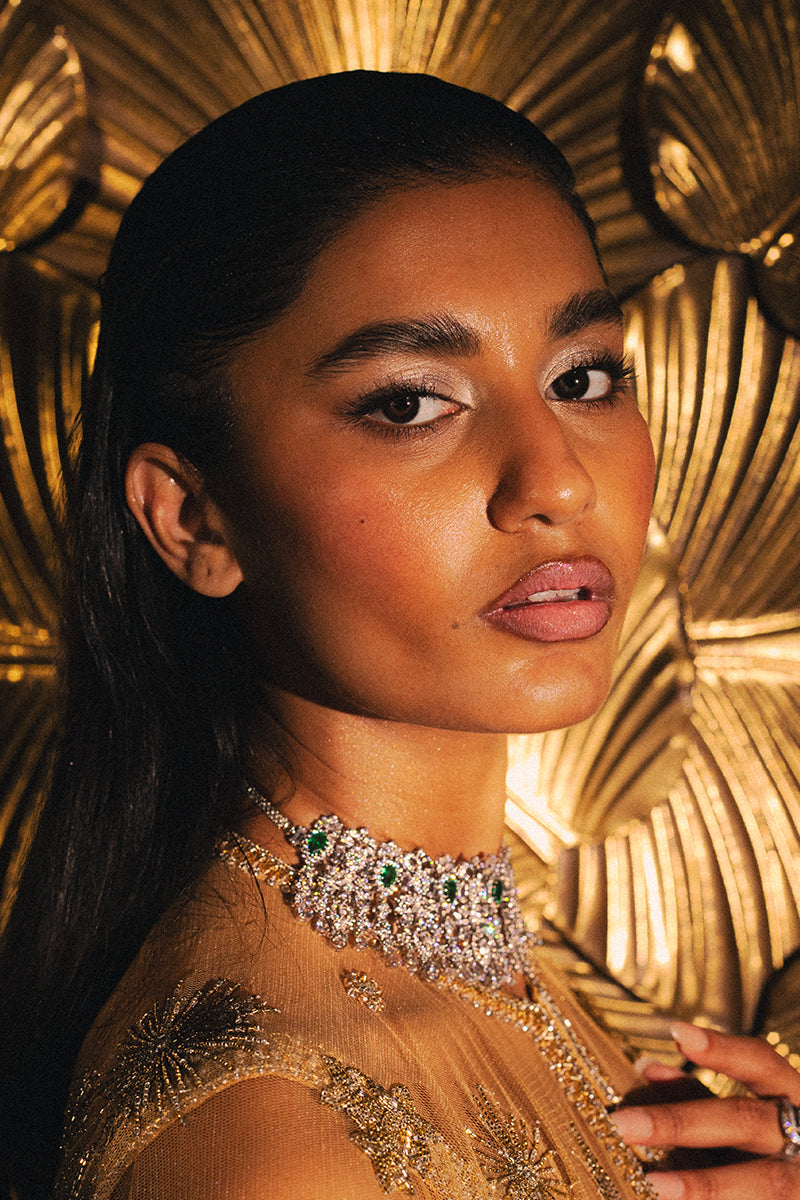 Pakistani Gold Embellished Net Cape Dress (3-Piece) - Image 9