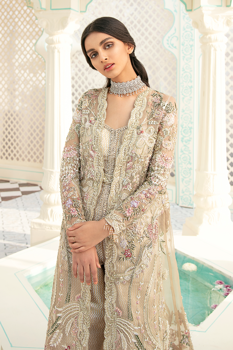 Pakistani Champagne Embellished Organza Cape Dress (3-Piece) - Image 3