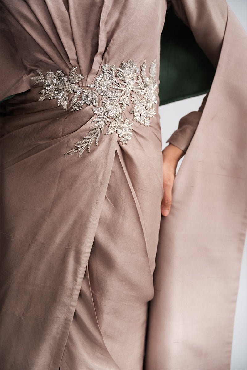 Champagne Embellished Raw Silk One-Shoulder Cape Dress (2-Piece) - Image 4