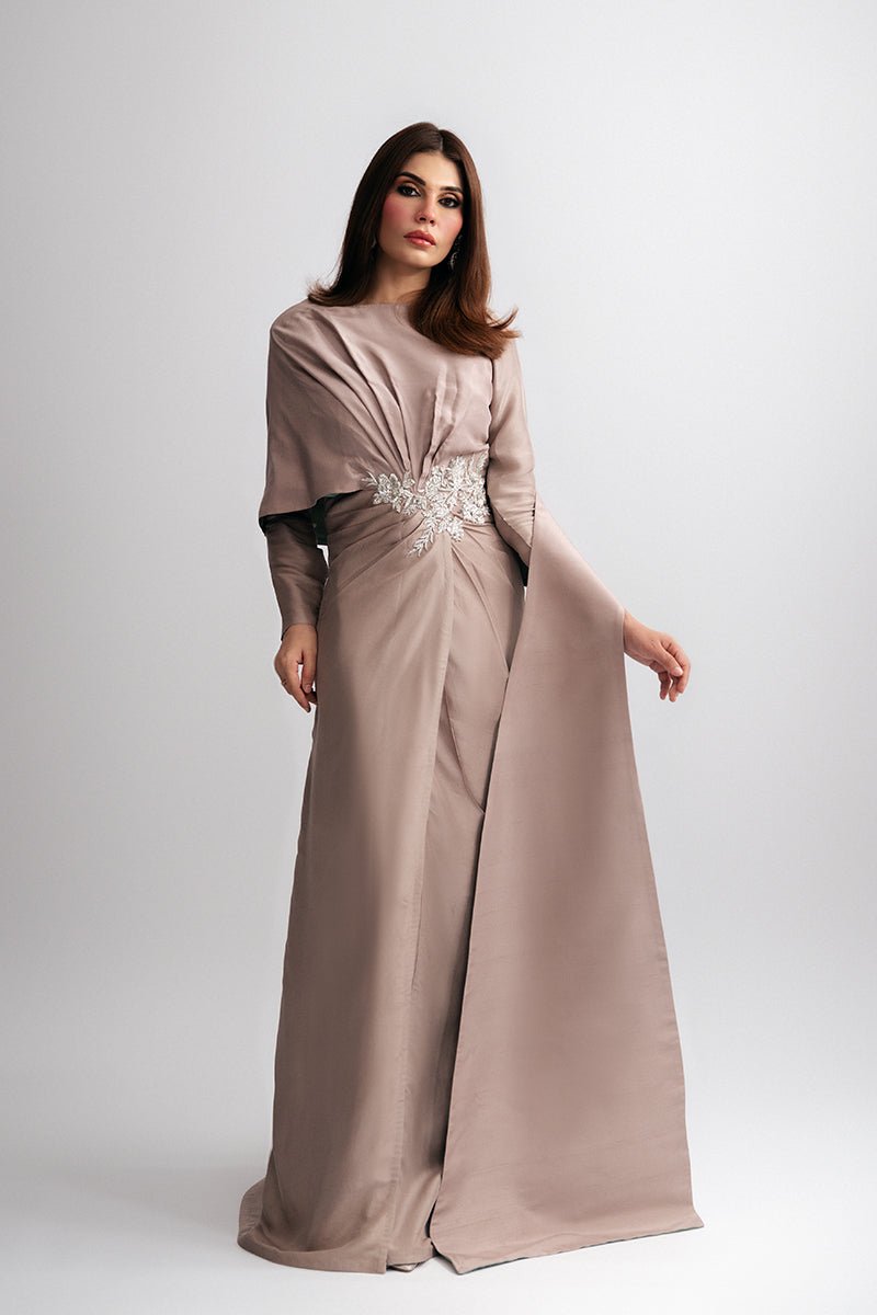 Pakistani Champagne Embellished Raw Silk One-Shoulder Cape Dress (2-Piece) - Image 1