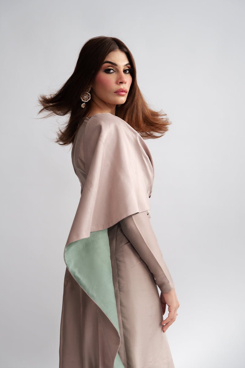 Pakistani Champagne Embellished Raw Silk One-Shoulder Cape Dress (2-Piece) - Image 5