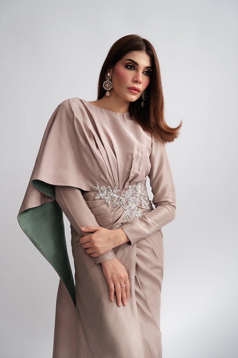 Pakistani Champagne Embellished Raw Silk One-Shoulder Cape Dress (2-Piece) - Image 6