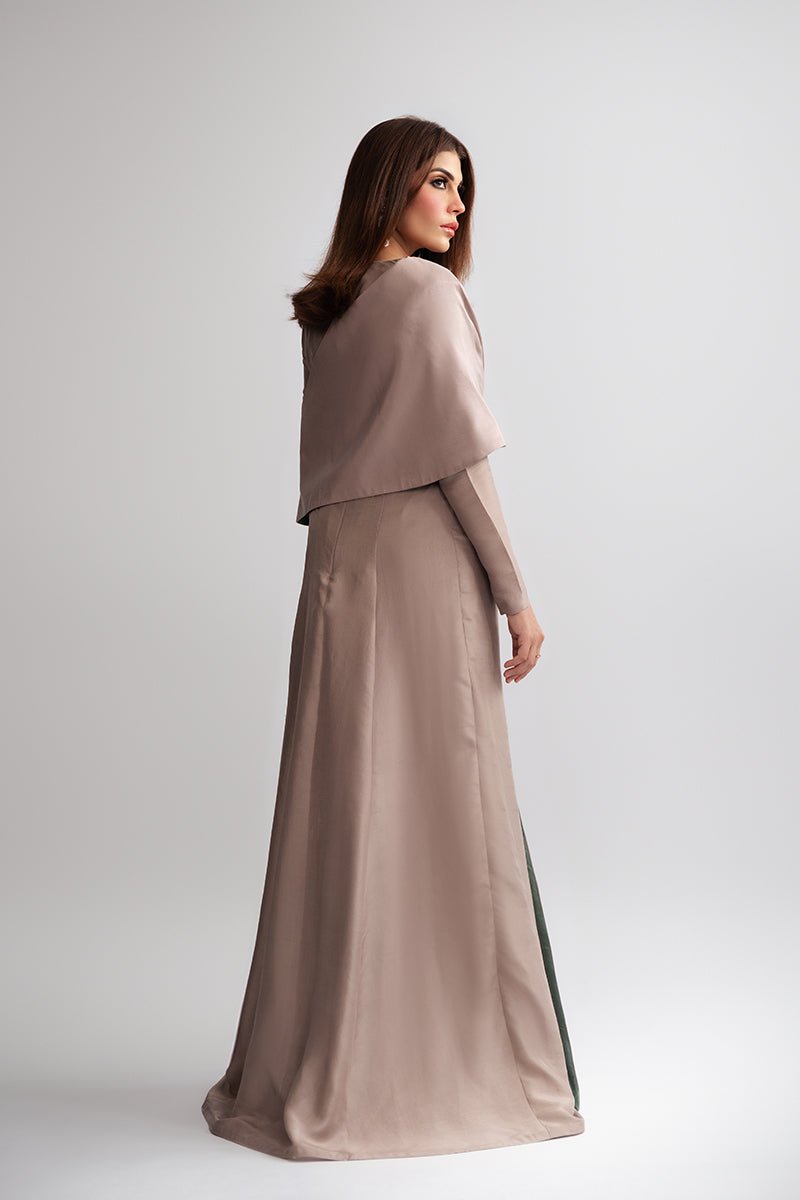 Pakistani Champagne Embellished Raw Silk One-Shoulder Cape Dress (2-Piece) - Image 7