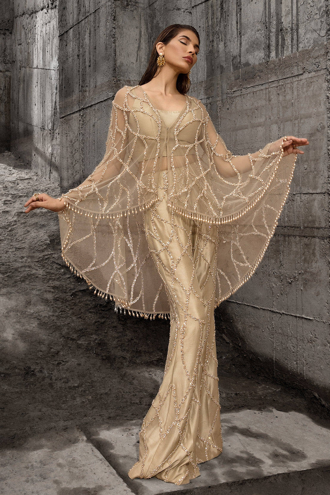 Champagne Pearl & Stonework Net Cape Dress (3-Piece) - Image 1