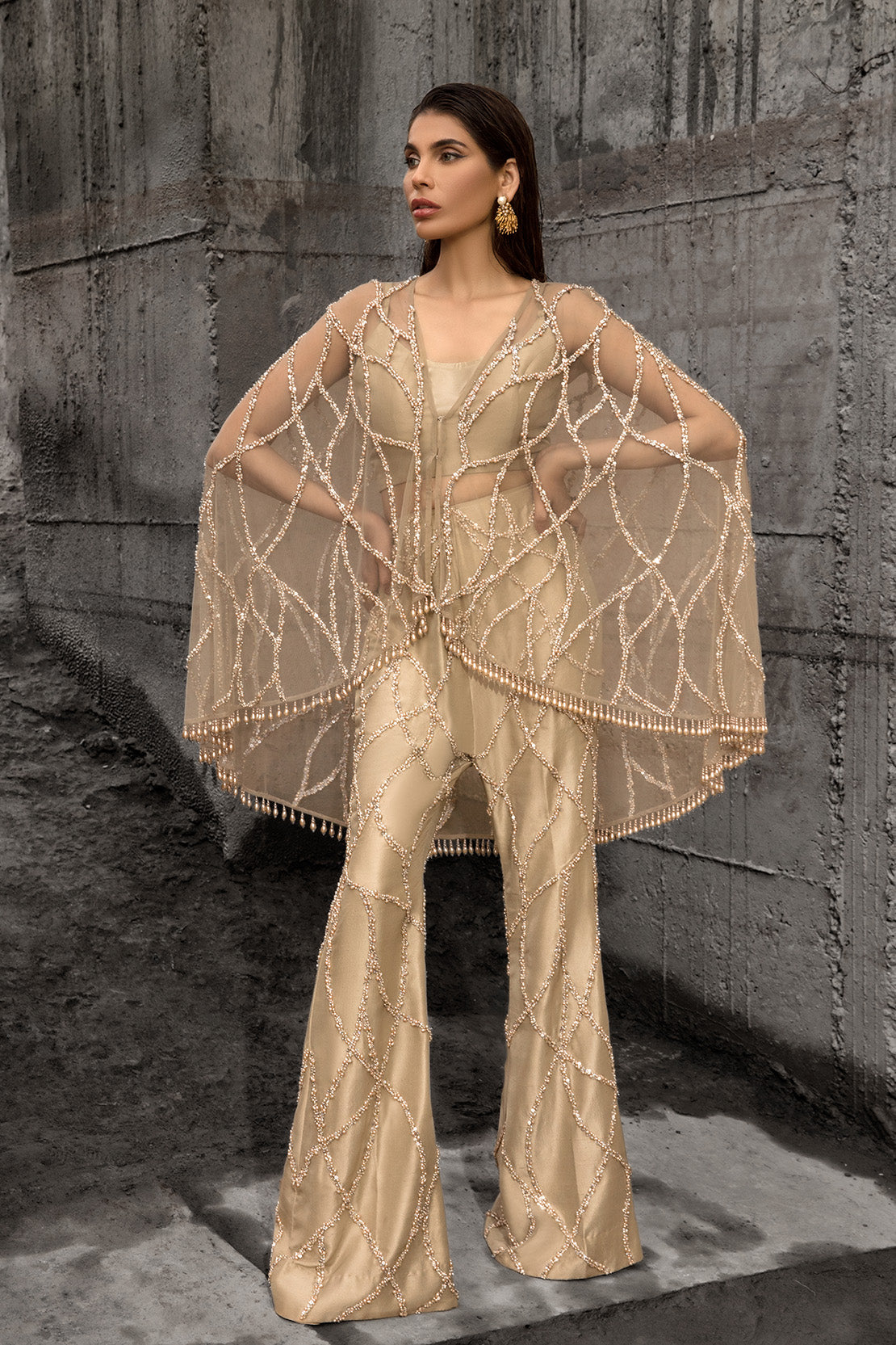 Champagne Pearl & Stonework Net Cape Dress (3-Piece) - Image 4