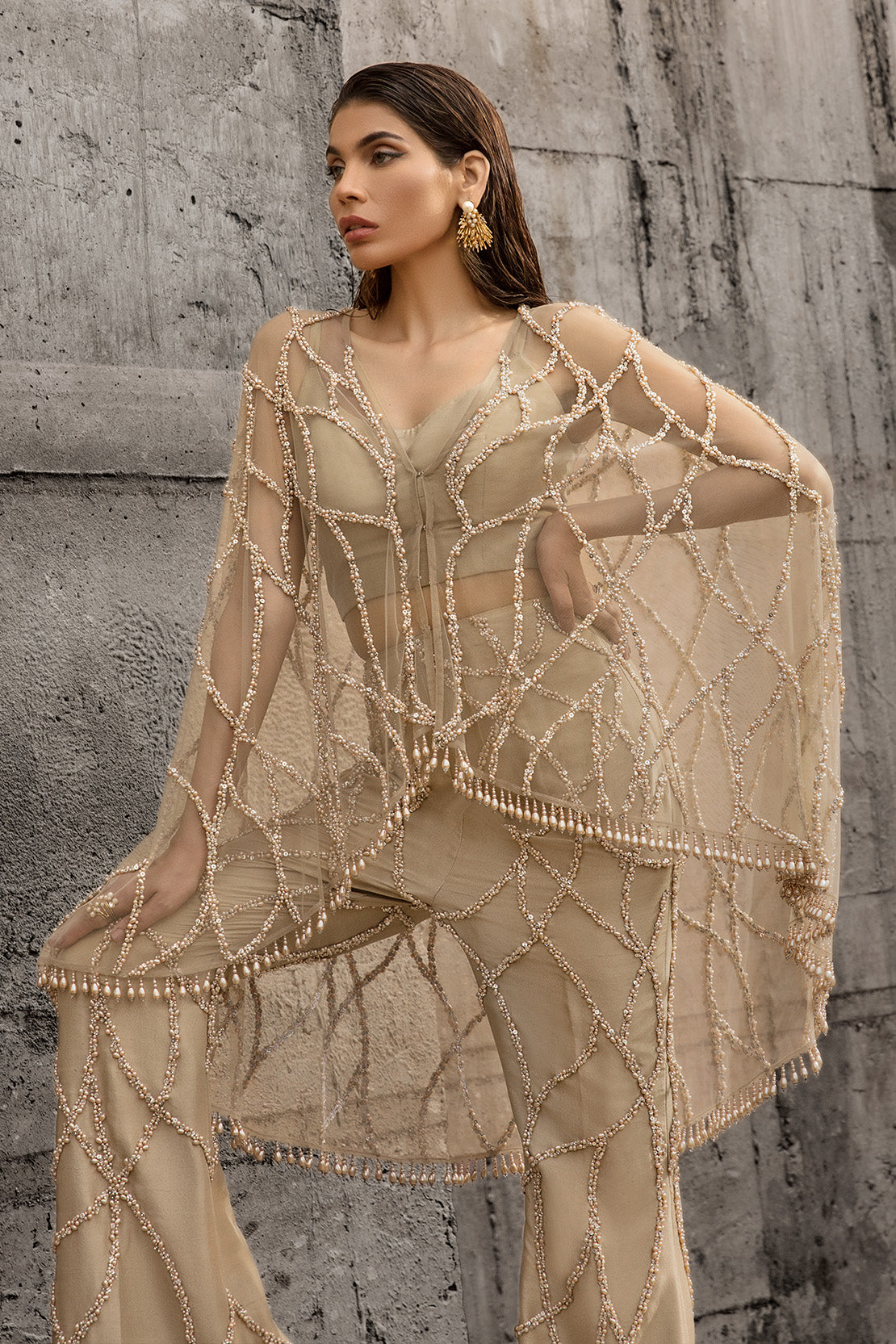 Champagne Pearl & Stonework Net Cape Dress (3-Piece) - Image 5