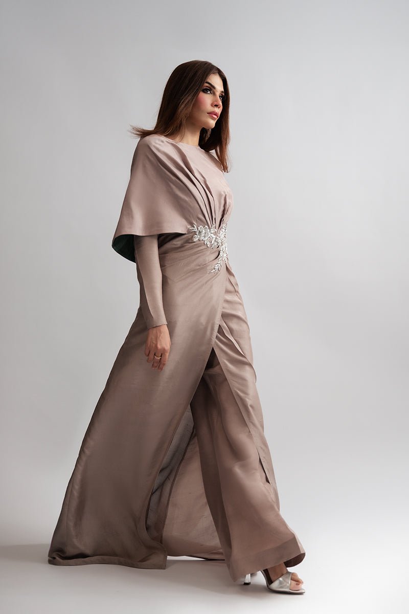 Champagne Embellished Raw Silk One-Shoulder Cape Dress (2-Piece) - Image 4