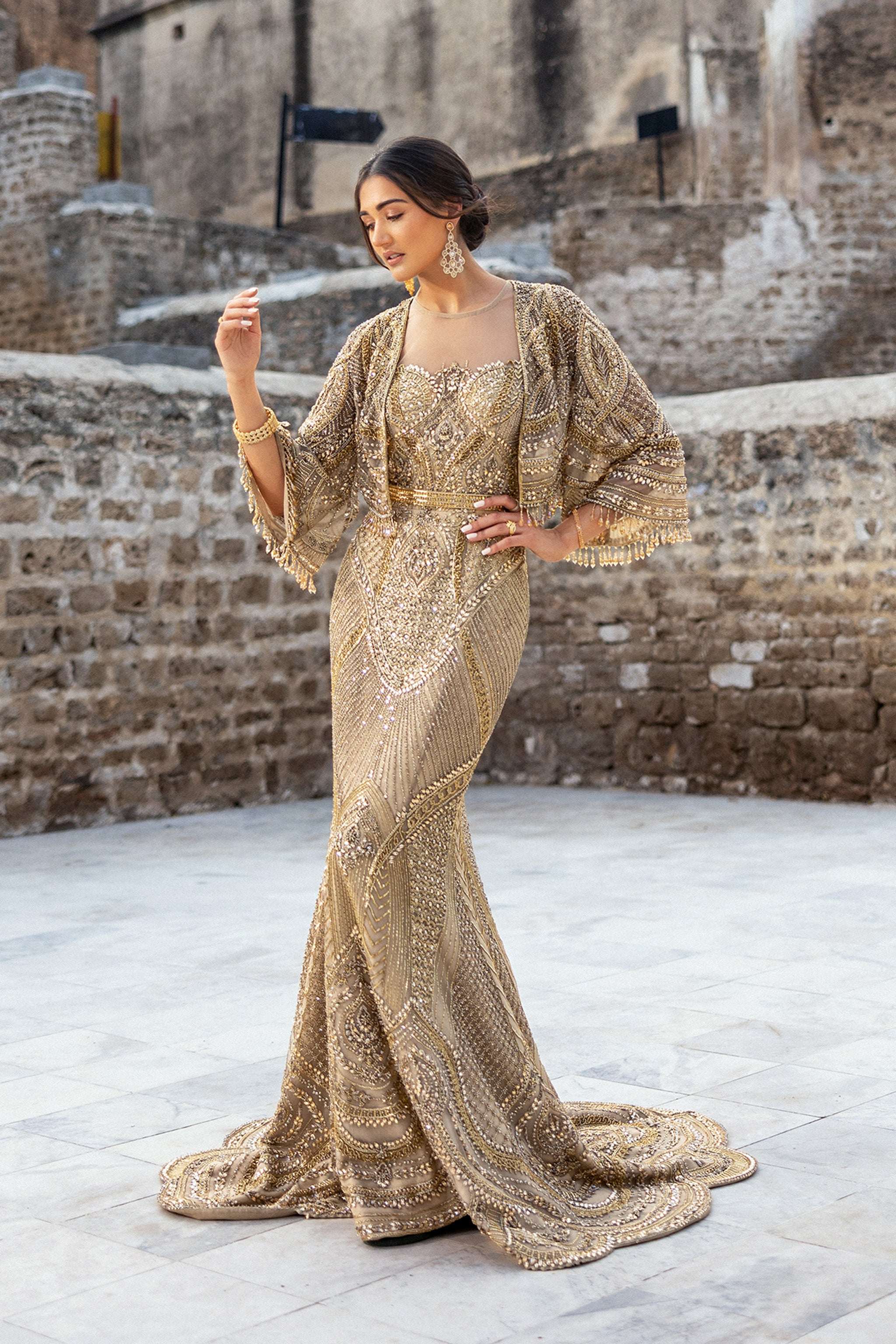 Pakistani Gold Hand-Embellished Silk-Blend Bridal Gown (2-Piece) - Image 1