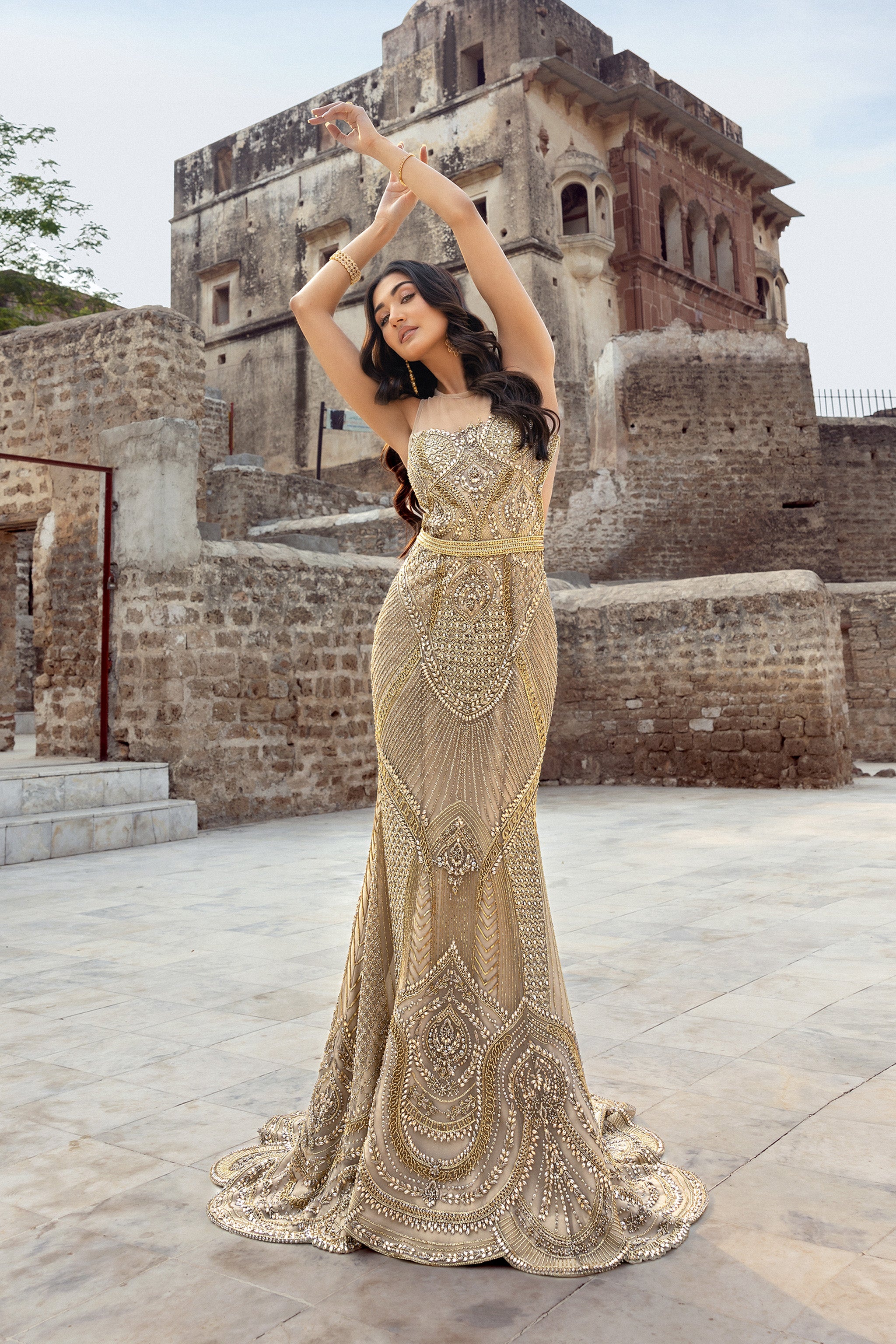 Pakistani Gold Hand-Embellished Silk-Blend Bridal Gown (2-Piece) - Image 2