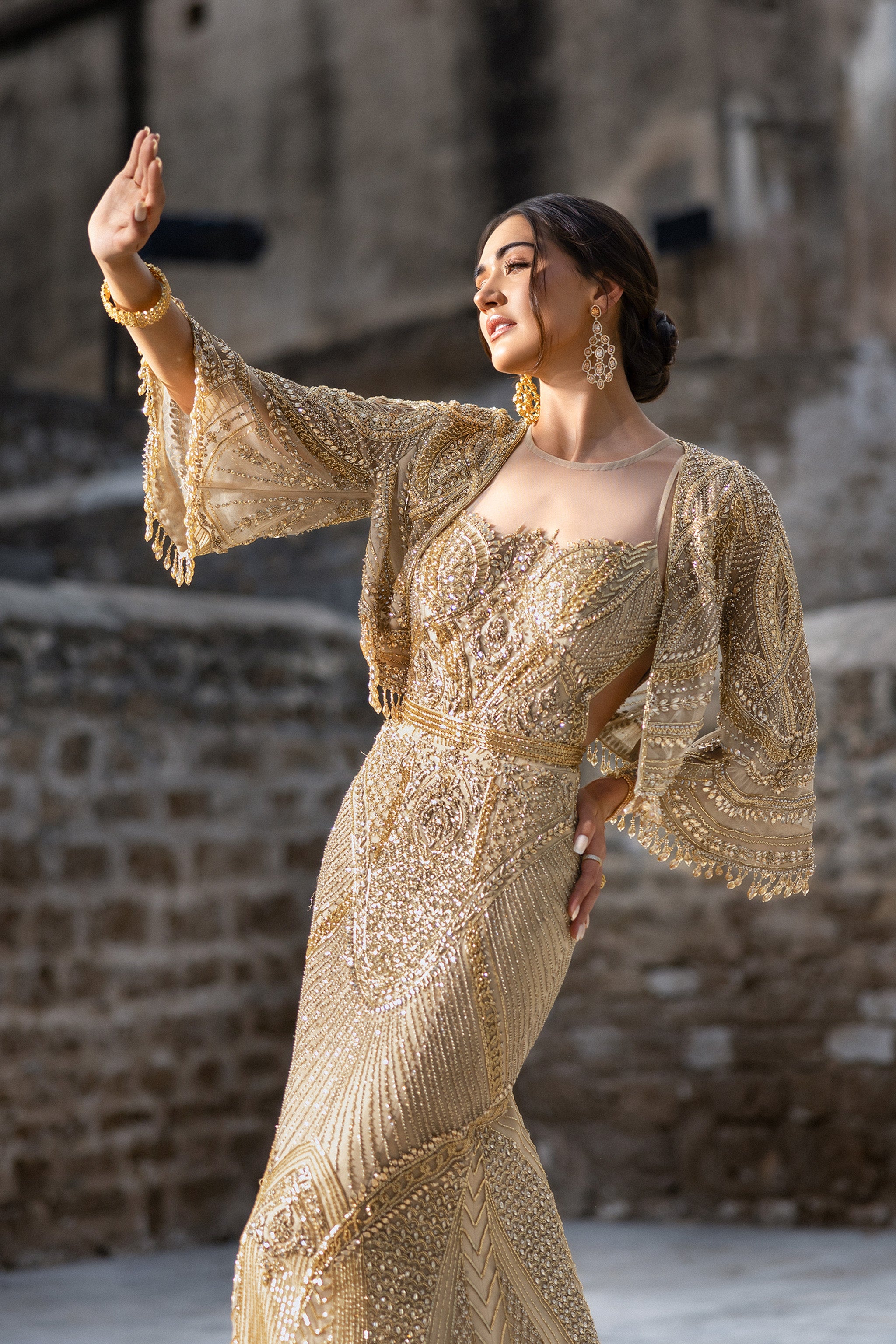 Pakistani Gold Hand-Embellished Silk-Blend Bridal Gown (2-Piece) - Image 5