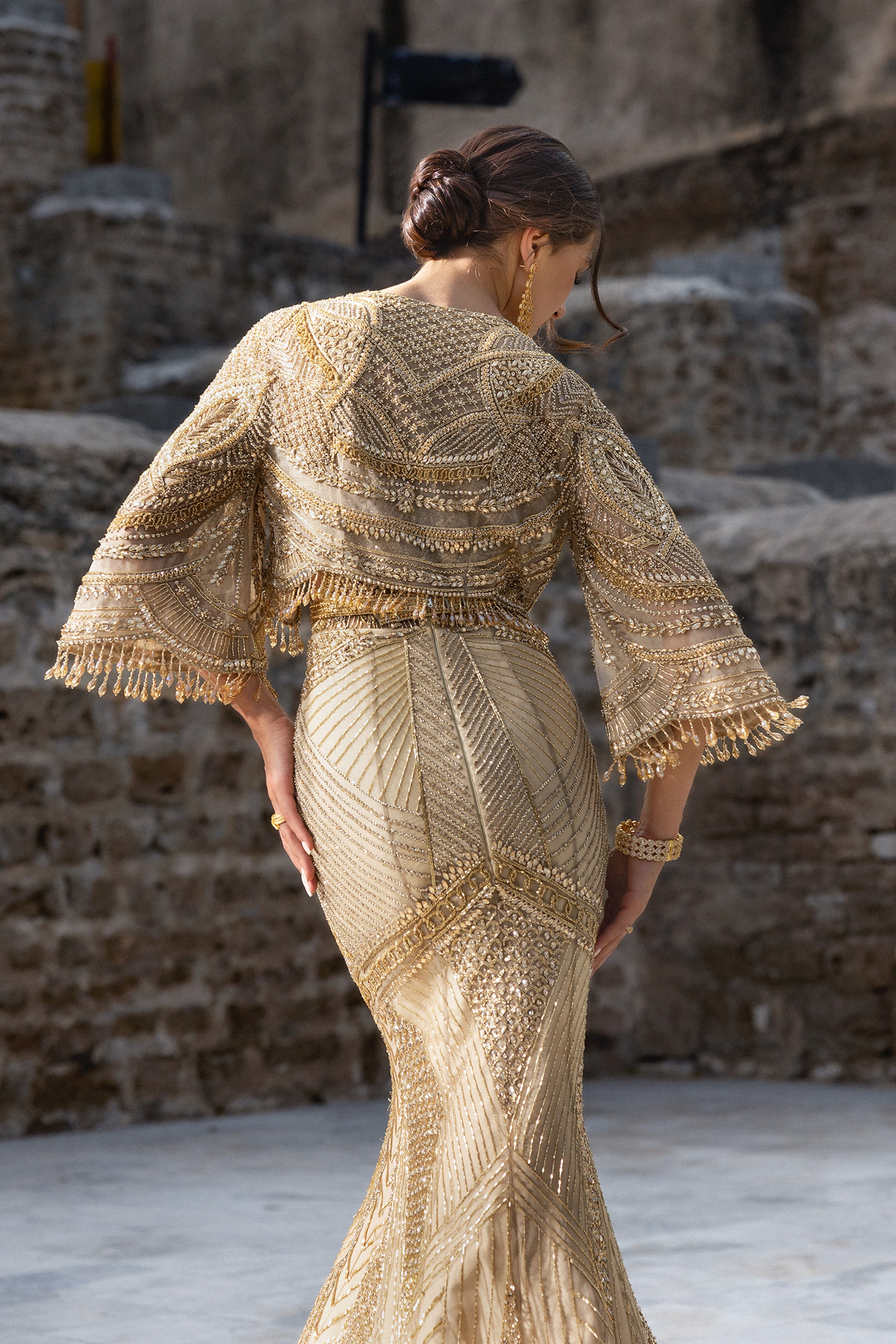 Pakistani Gold Hand-Embellished Silk-Blend Bridal Gown (2-Piece) - Image 7