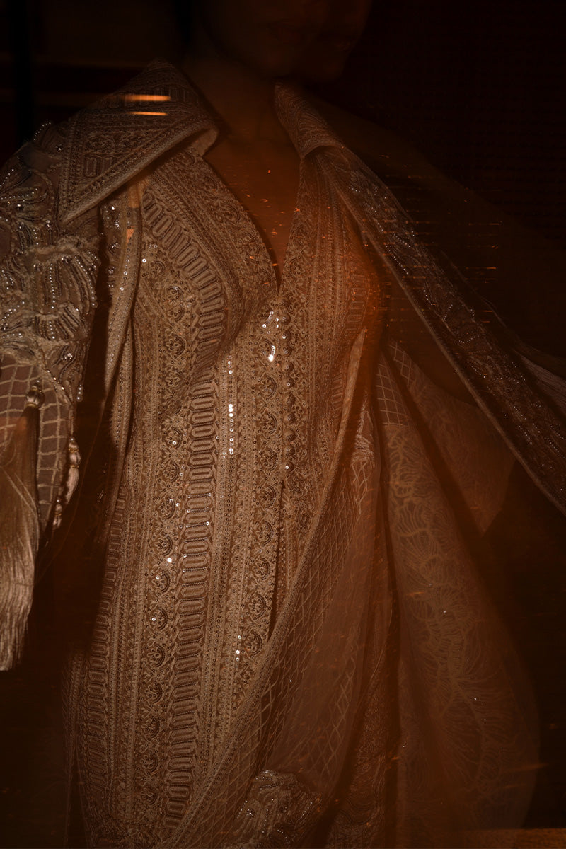 Beige Gold Embellished Silk-Blend Cape Dress (3-Piece) - Image 7