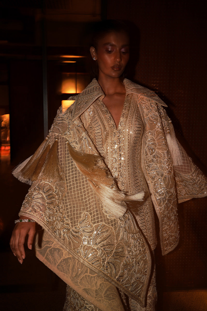 Beige Gold Embellished Silk-Blend Cape Dress (3-Piece) - Image 8