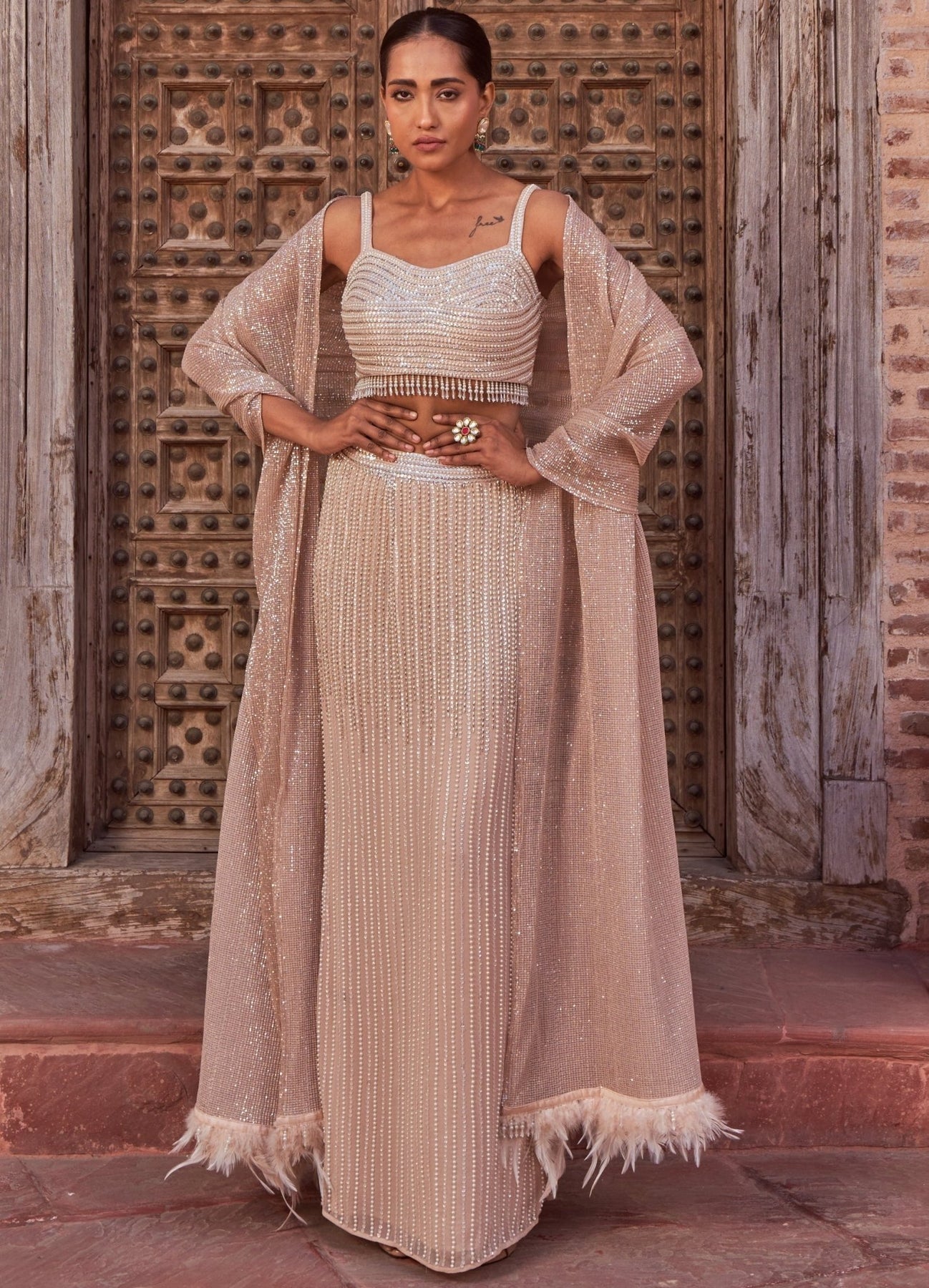 Champagne Embellished Silk Cape Dress (3-Piece) - Image 5