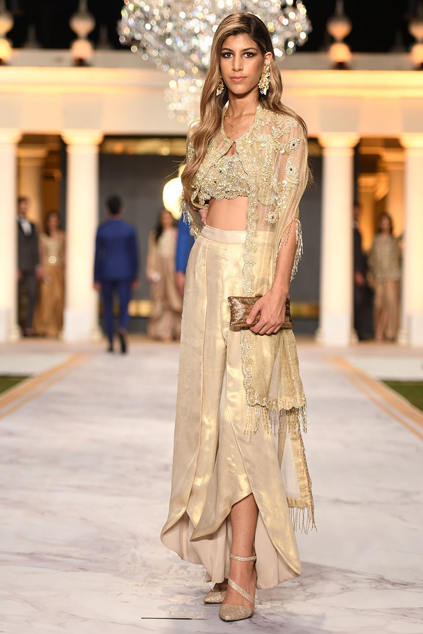 Pakistani Gold Embroidered Zari Net Cape Dress (3-Piece) - Image 2