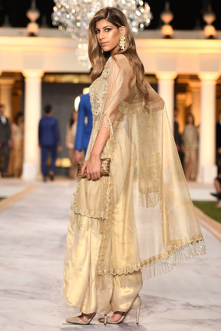 Pakistani Gold Embroidered Zari Net Cape Dress (3-Piece) - Image 3