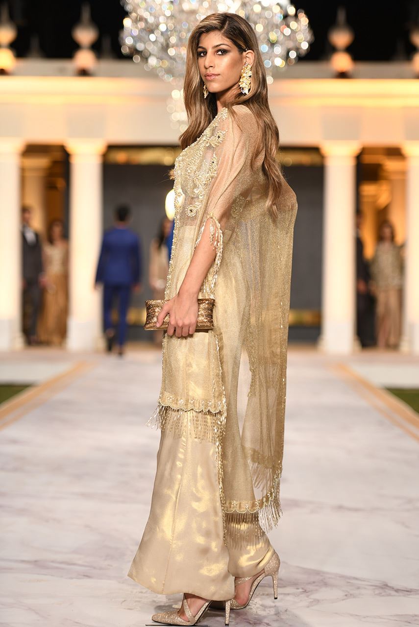 Pakistani Gold Embroidered Zari Net Cape Dress (3-Piece) - Image 4