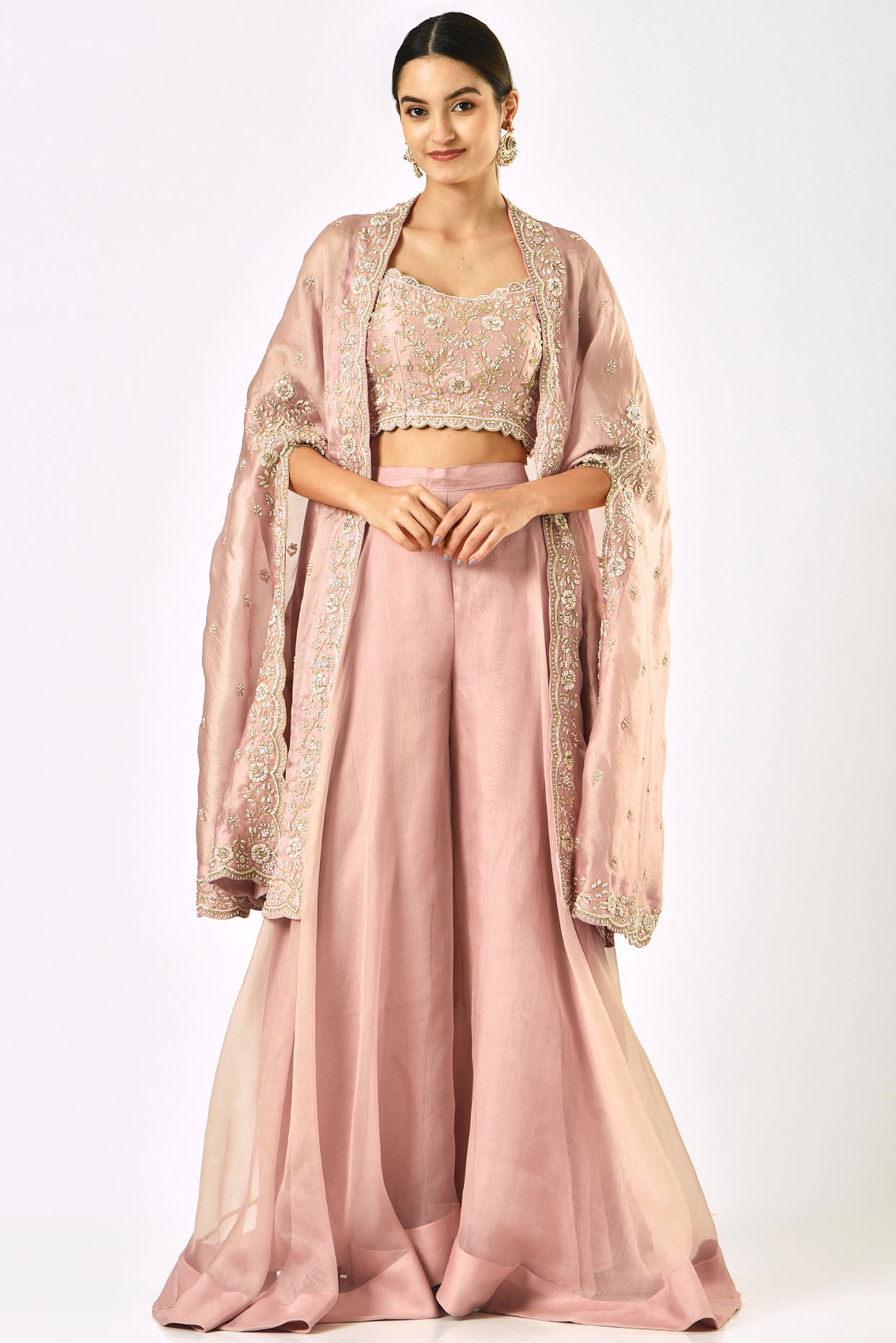 Rose Gold Embroidered Pure Organza Cape Set (3-Piece) - Image 1