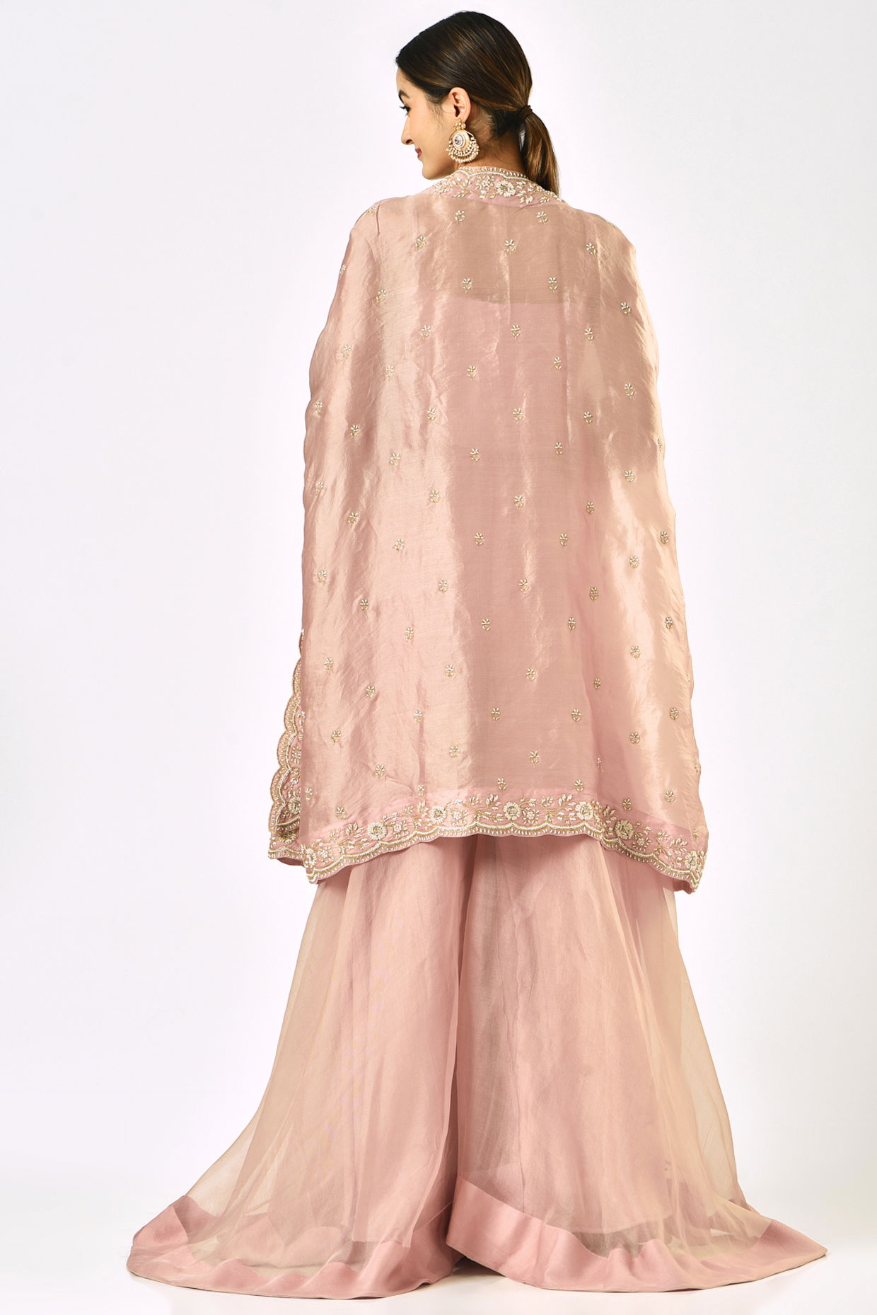 Rose Gold Embroidered Pure Organza Cape Set (3-Piece) - Image 2