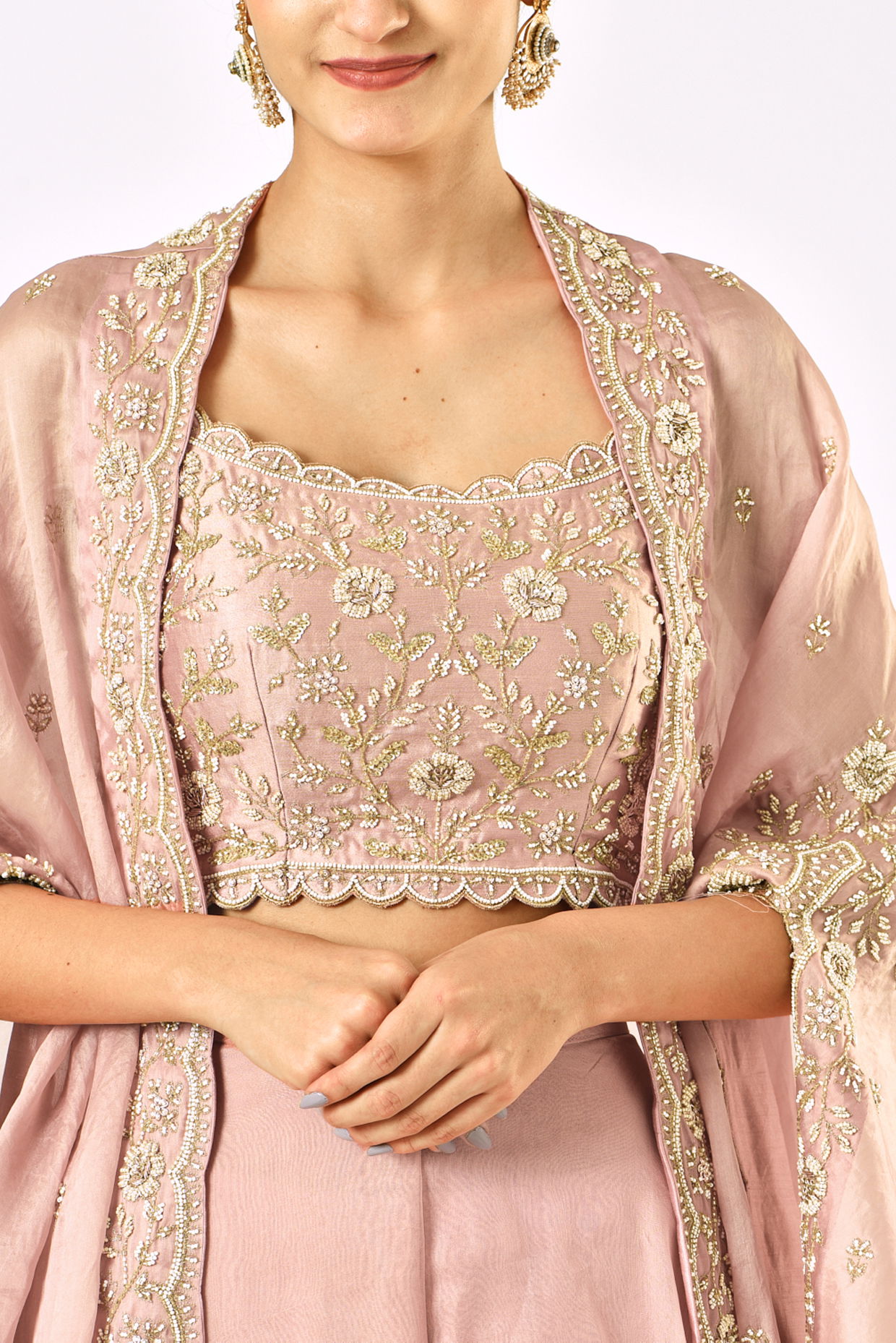 Rose Gold Embroidered Pure Organza Cape Set (3-Piece) - Image 4