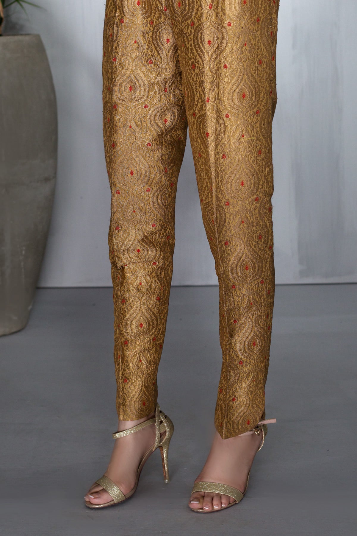 Pakistani Golden Woven Jamawar Cigarette Pants (1-Pc) - Image 1