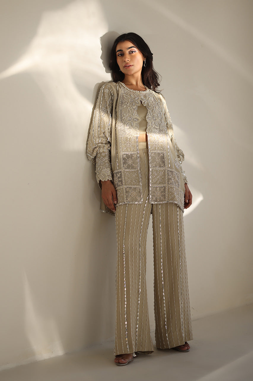 Indian Champagne Embroidered Raw Silk Co-ord Set (3-Piece) - Image 1