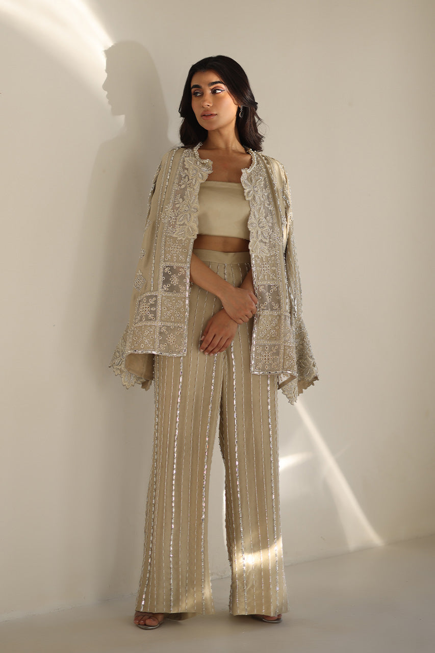 Indian Champagne Embroidered Raw Silk Co-ord Set (3-Piece) - Image 6