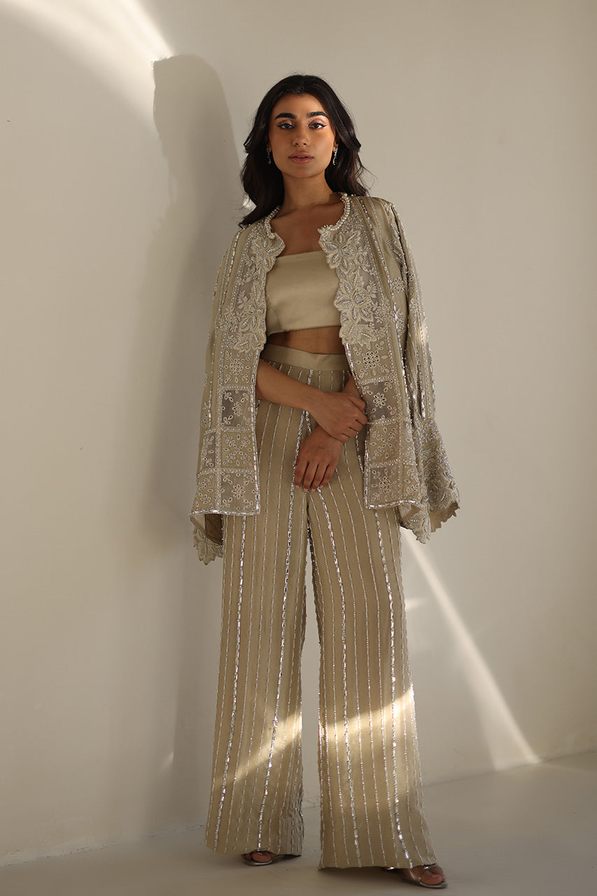 Indian Champagne Embroidered Raw Silk Co-ord Set (3-Piece) - Image 7