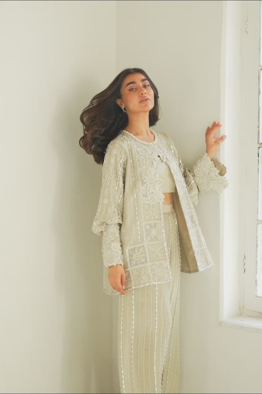 Indian Champagne Embroidered Raw Silk Co-ord Set (3-Piece) - Image 9