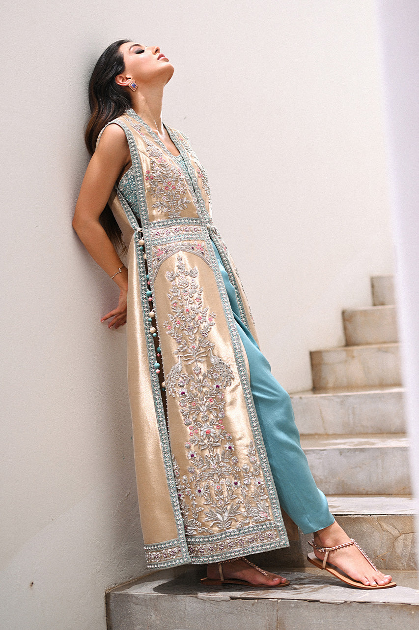 Champagne Gold Zardozi Tissue Column Jacket (3-Piece) - Image 9
