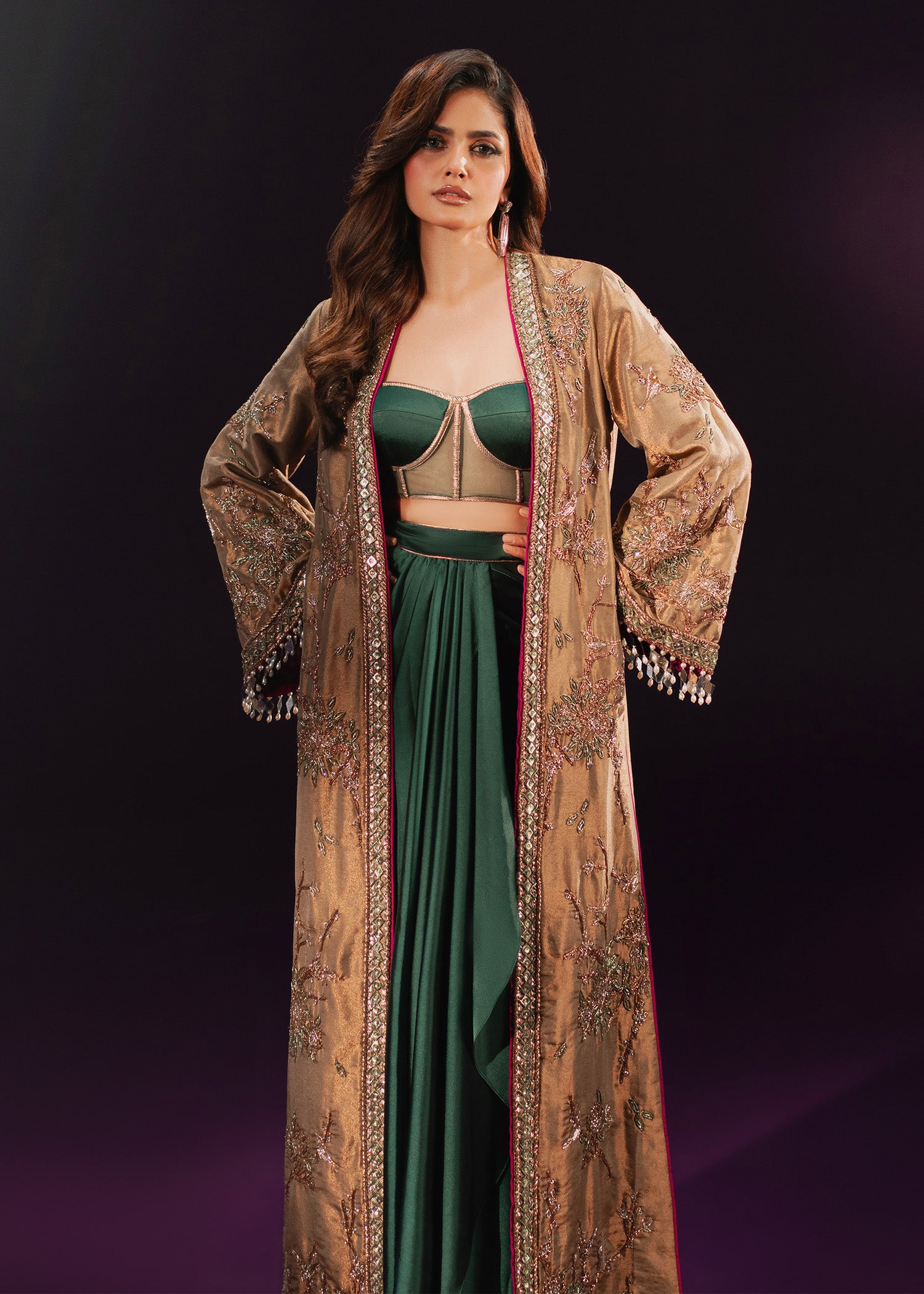 Indian Olive Gold Embroidered Tissue Jacket & Silk Skirt (3-Piece) - Image 2