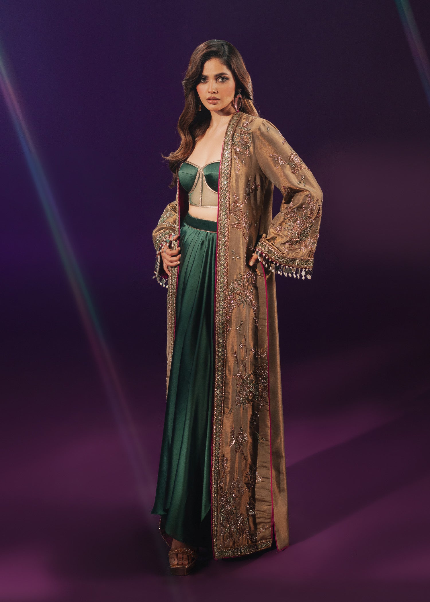 Indian Olive Gold Embroidered Tissue Jacket & Silk Skirt (3-Piece) - Image 3