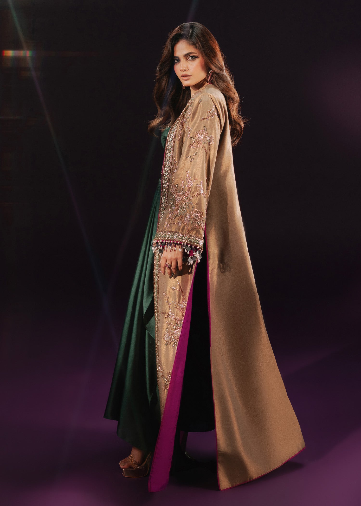 Indian Olive Gold Embroidered Tissue Jacket & Silk Skirt (3-Piece) - Image 4