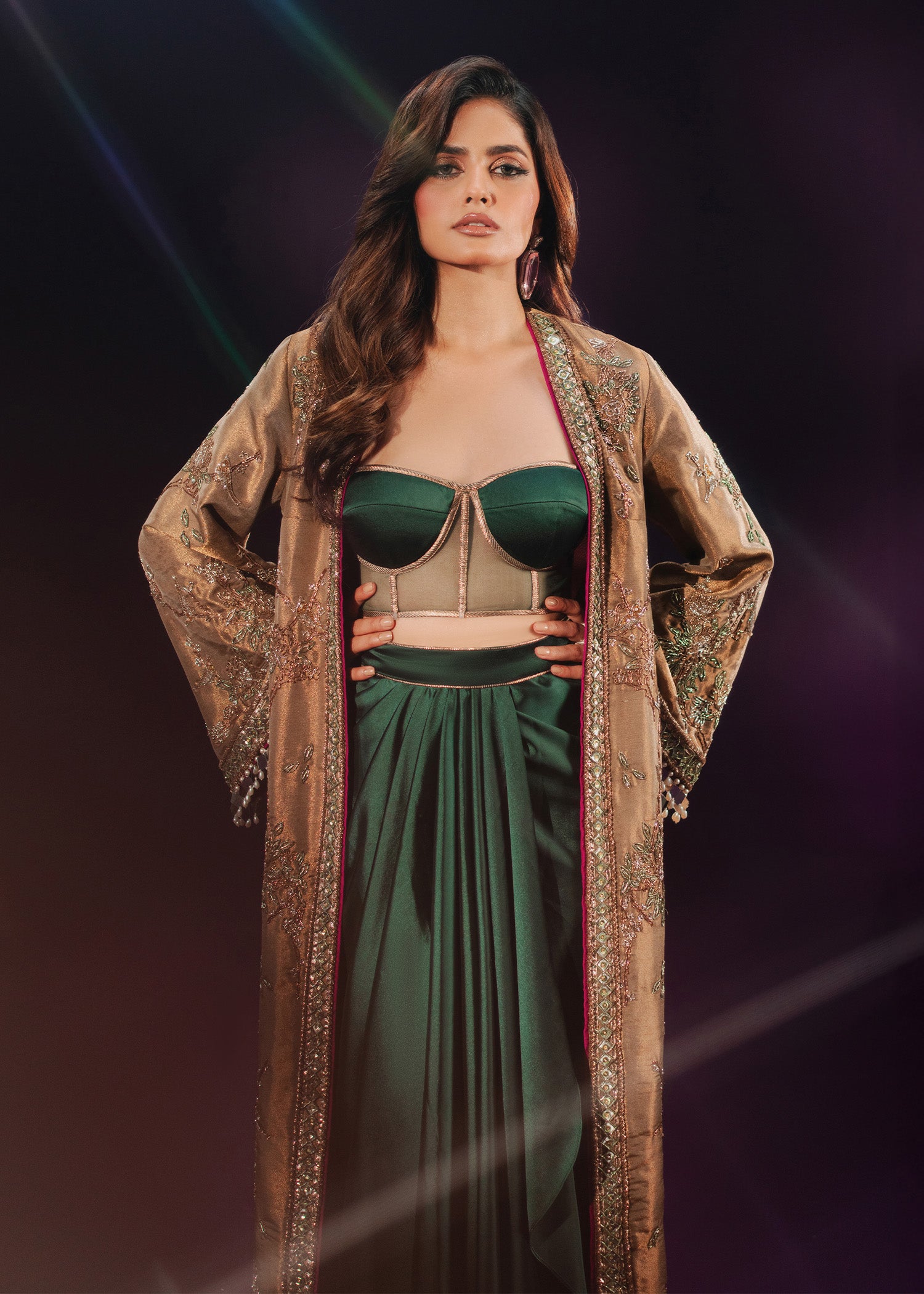 Indian Olive Gold Embroidered Tissue Jacket & Silk Skirt (3-Piece) - Image 5