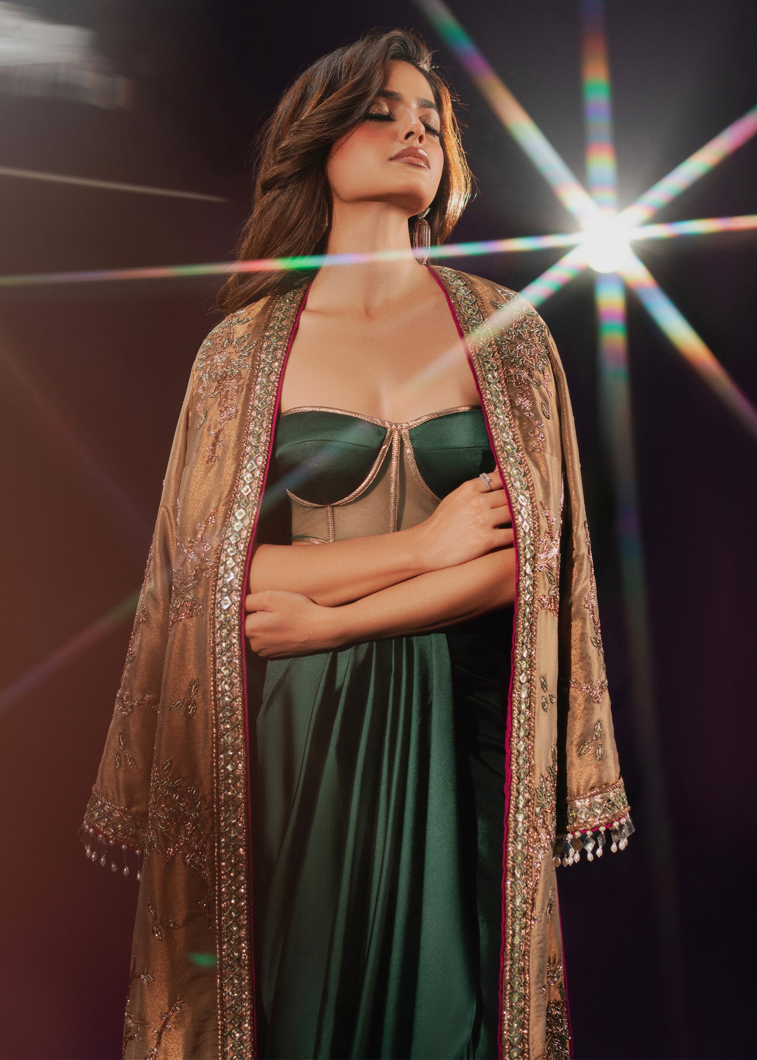 Indian Olive Gold Embroidered Tissue Jacket & Silk Skirt (3-Piece) - Image 7