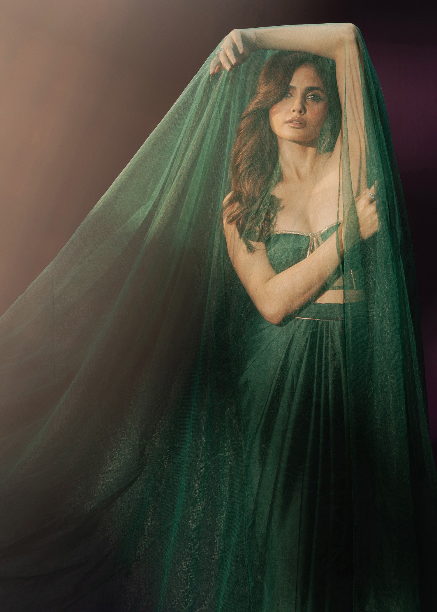 Indian Olive Gold Embroidered Tissue Jacket & Silk Skirt (3-Piece) - Image 8