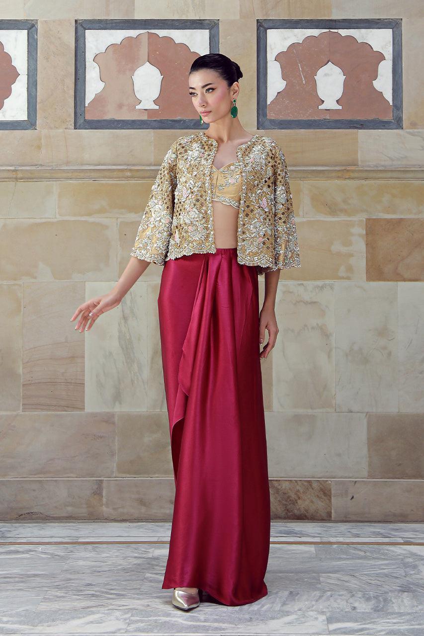 Gold Hand-Embroidered Masoori Jacket & Plum Silk Skirt (3-Piece) - Image 1